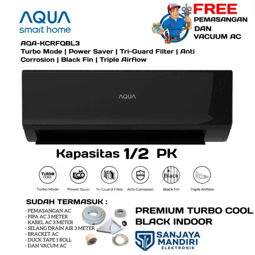 FREE PASANG! AC AQUA 1/2 PK Premium Turbo Cool Black INDOOR KCR5FQBL3