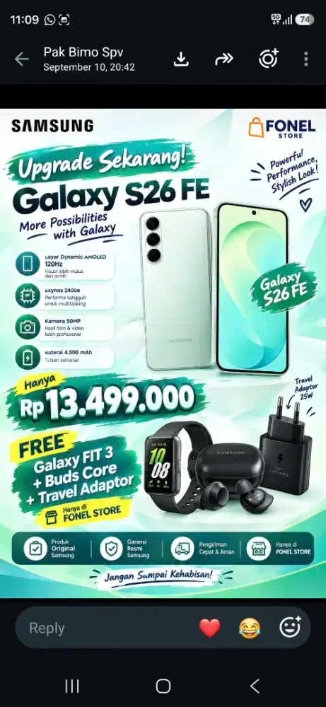 Samsung galaxy S26 fe free fit3 dan buds core