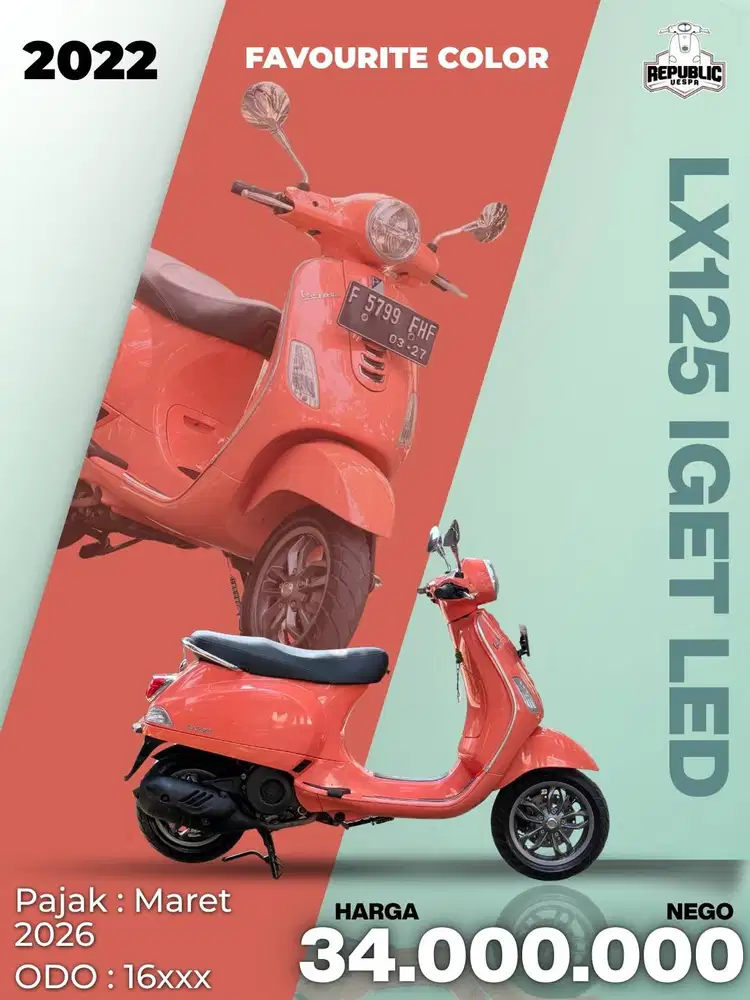 PIAGGIO VESPA LX125 IGET LED TAHUN 2022 WARNA ORANGE CORALLO