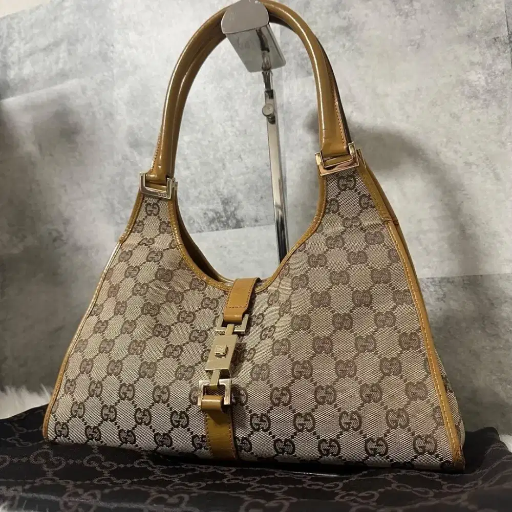 Gucci Jackie GG Canvas Leather Shoulder Bag Brown Beige Vintage