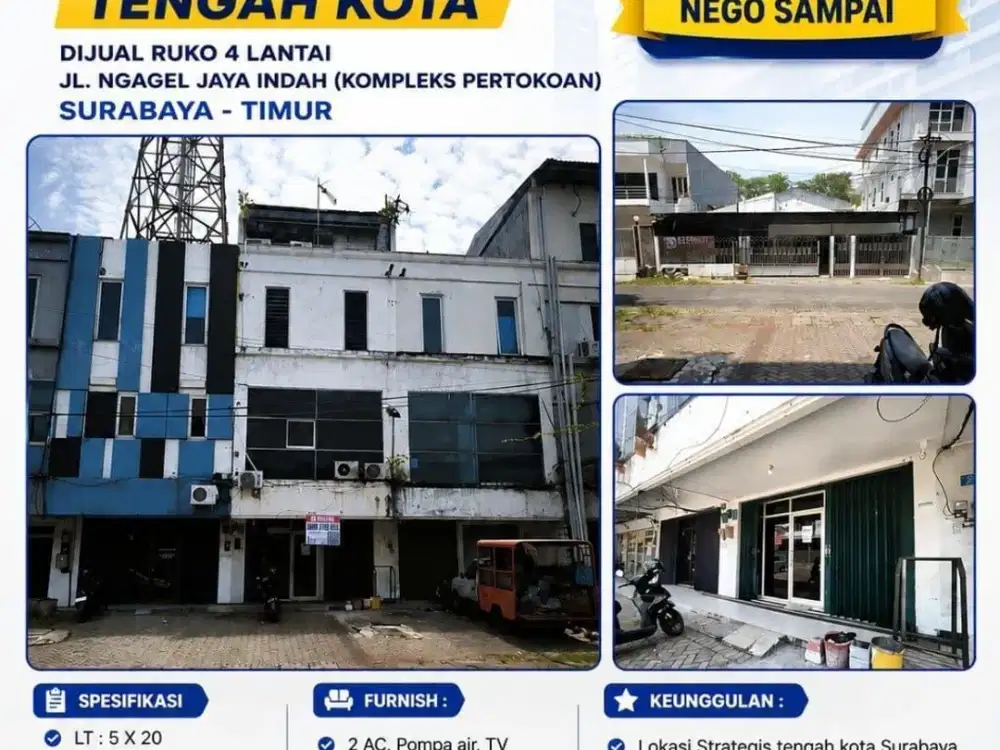 Termurah Ruko Tengah Kota 4 Lantai Jl. Ngagel Jaya Indah (Kompleks Pertokoan) Furnish