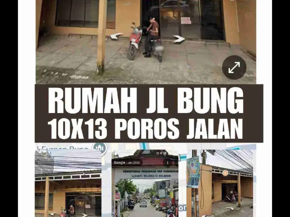 Rumah/cafe Jl Bung 
Poros Jalan 10X13
Cocok Face, Rumah
50 Meter dari Perintis Kemerdekaan 
Rp. 1.2 M