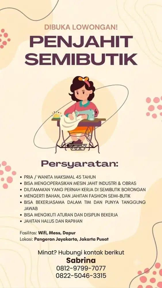 Dibutuhkan Penjahit Berpengalaman – Jahit Pakaian Semi Butik