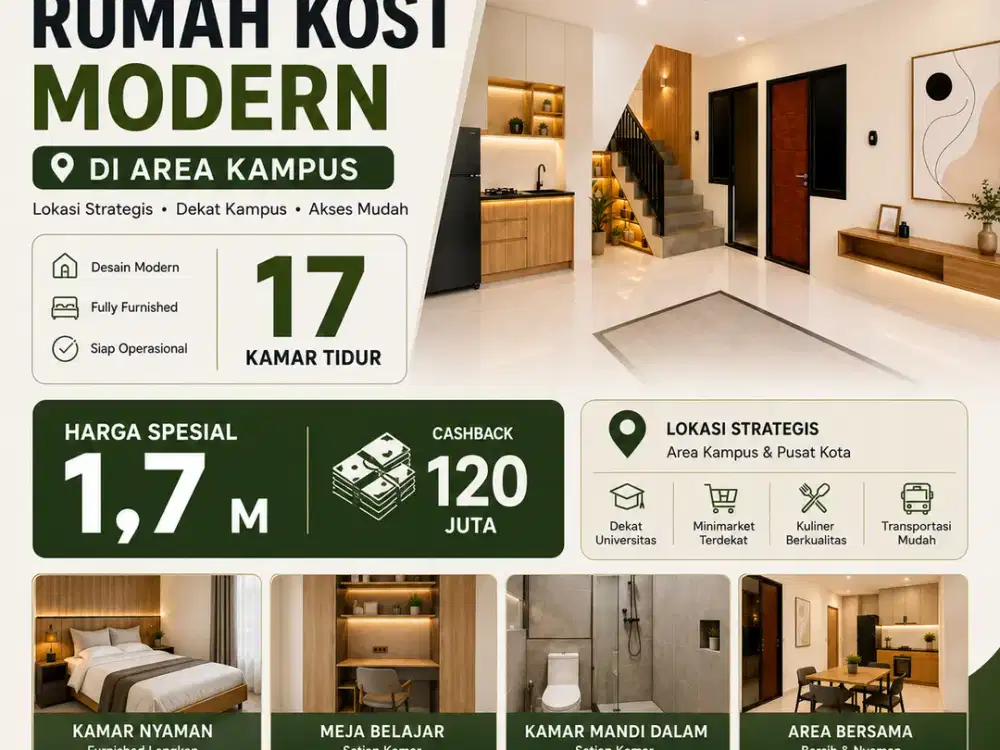 Kost 10–17 Kamar Full Potensi, Lokasi Strategis + Cashback
