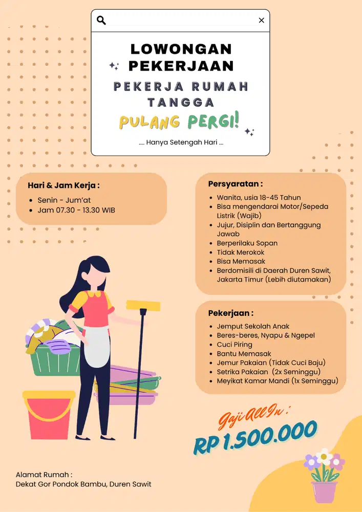 DIBUTUHKAN PEKERJA RUMAH TANGGA (PRT)