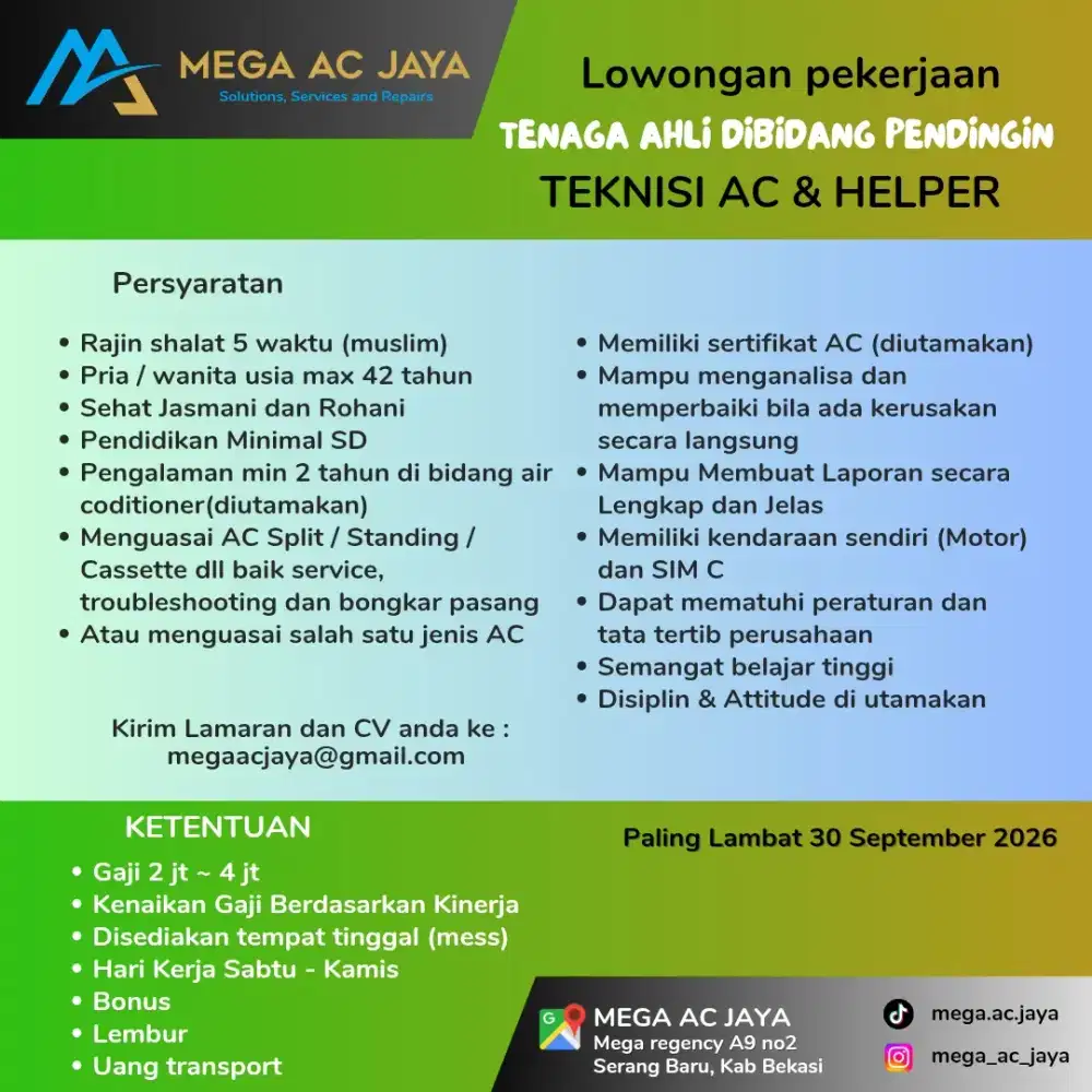 Lowongan Teknisi AC & Helper – Gaji 2-4 Juta + Mess | Bekasi