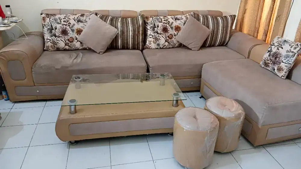 Sofa L Murah + 2 Puff + Meja Tamu