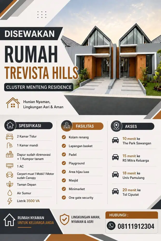 Disewakan Rumah Trevista Hills Menteng Residence
