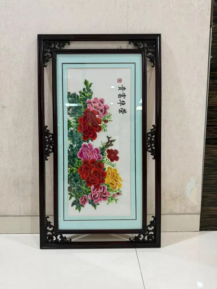 Pajangan/Lukisan/Frame Sulaman Tiongkok Bunga 96x55cm