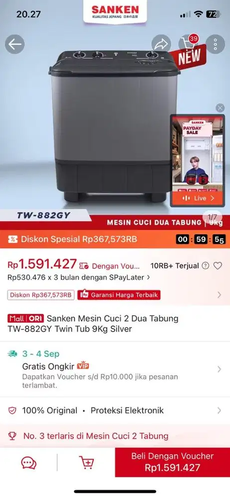 Mesin cuci free kompor gas 2 tungku