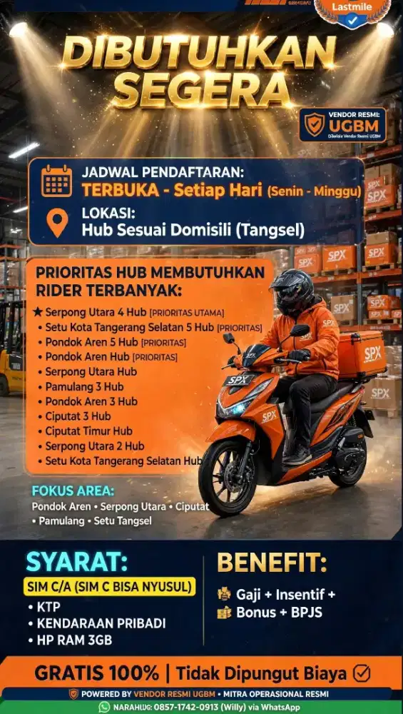 LOWONGAN KURIR (MOTOR) & DRIVER SPX TANGERANG SELATAN!!!