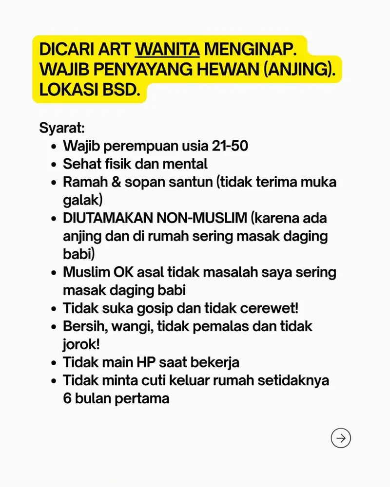 Dicari ART wanita menginap penyayang hewan anjing