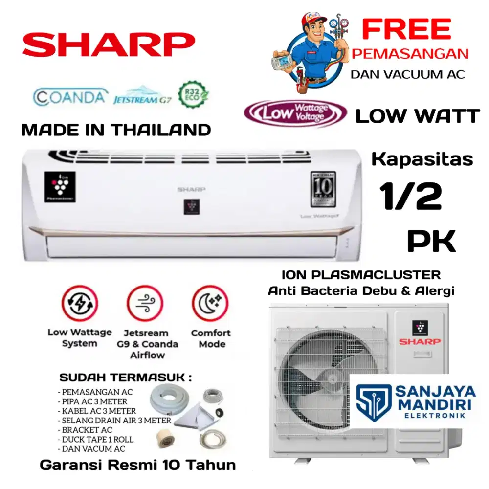 FREE PASANG! AC SHARP 1/2 PK THAILAND ION PLASMACLUSTER LOW WATT P5UHL