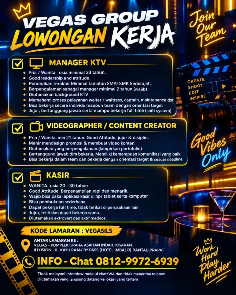 Dibutuhkan manager ktv, videographer / content creator dan kasir