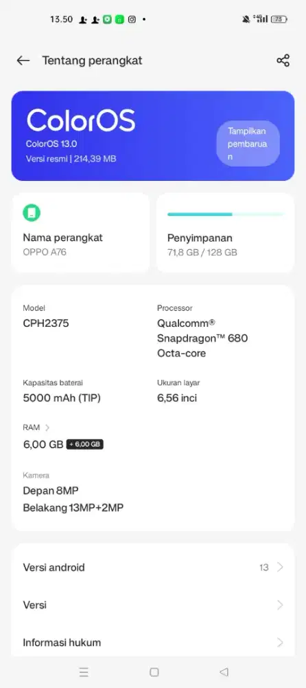 Oppo a76 Ram 6+6/128 gb