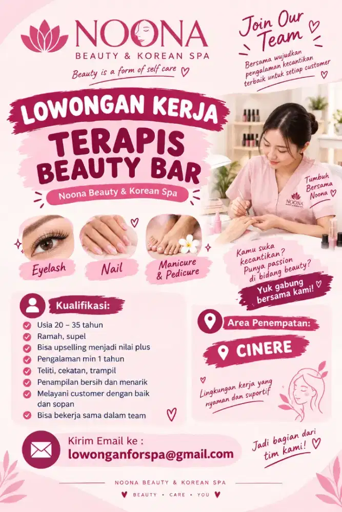 Noona korean spa membutuhkan Beauty eyelash dan nail. Kasir. Terapis