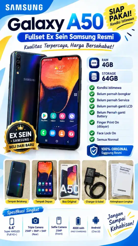 Samsung Galaxy A50 4/64 Ex Sein Fullset Istimewa