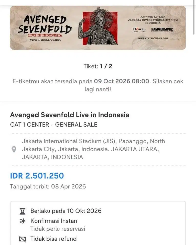 Tiket Avenged Sevenfold A7X