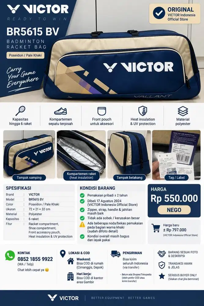 Tas Raket Badminton VICTOR BR5615 BV Original