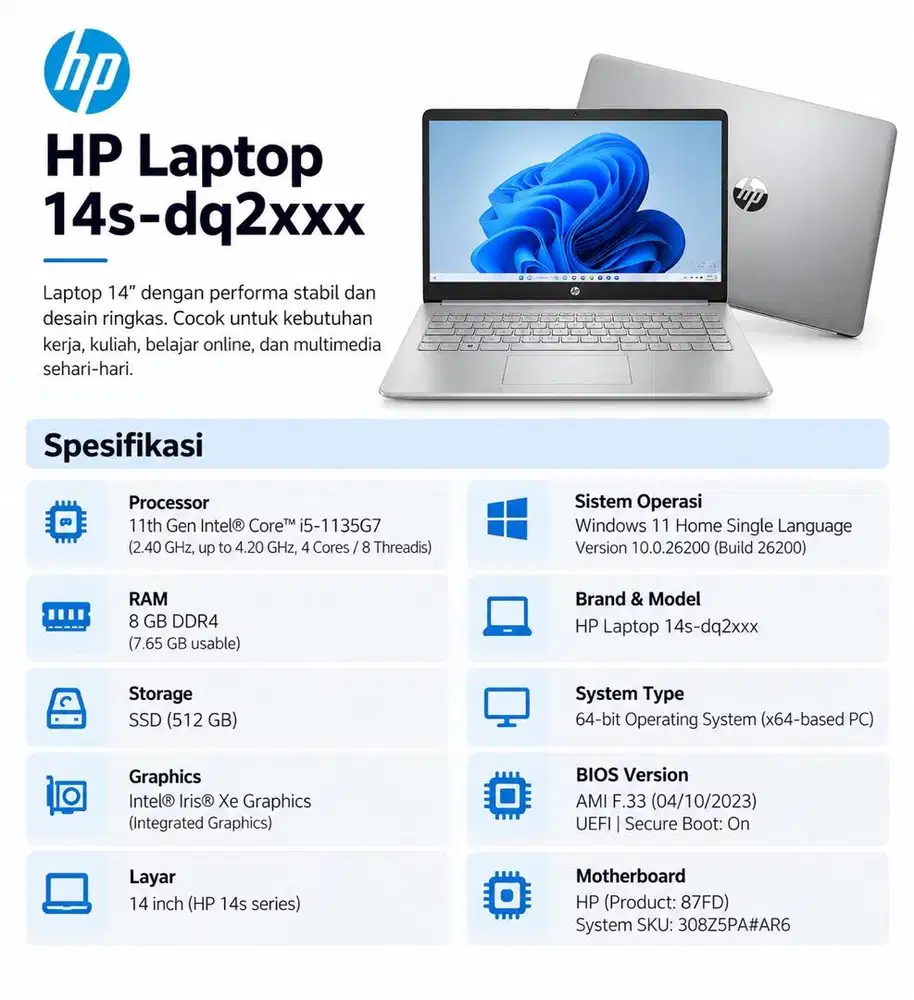 HP 14s Core i5-1135G7 Gen 11 | RAM 8GB | 14”
