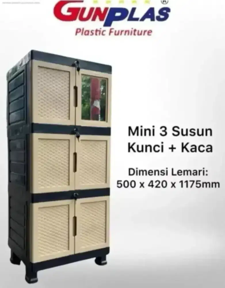 Lemari GUNPLAS Mini 3susun Kunci + Kaca Cermin