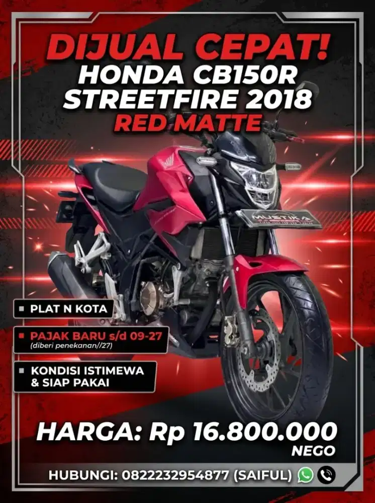 Perfect Condition!!Honda CB 150R 2018 N kota Red Matte Mulus-Mustika