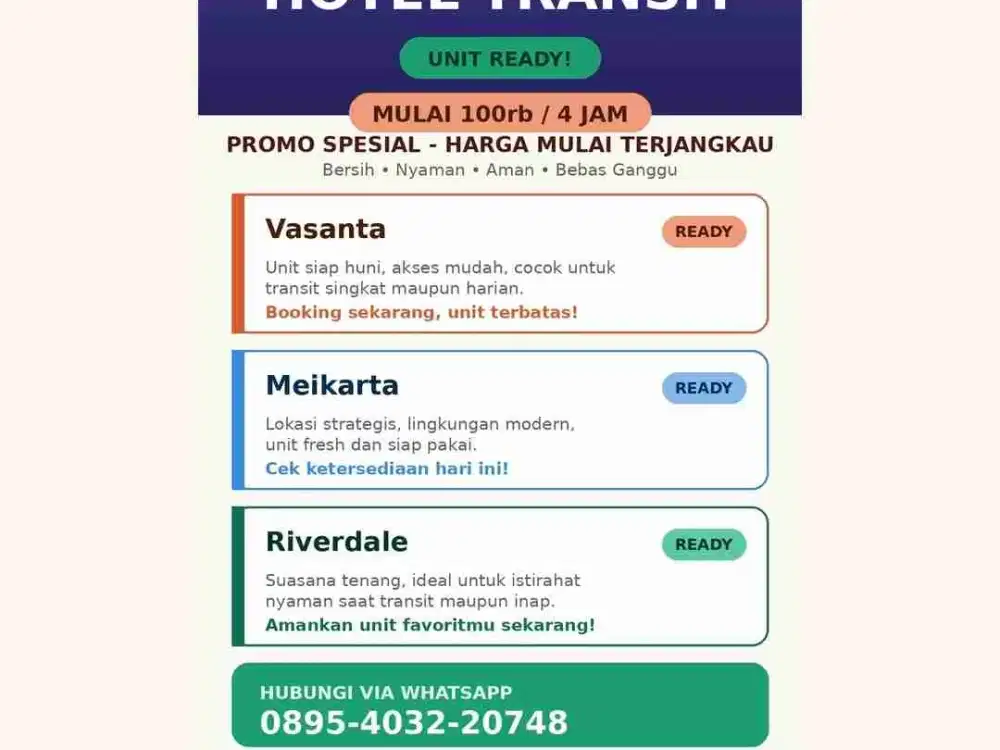 Disewakan Apartemen Transit Riverdale, Vasanta Dan Meikarta