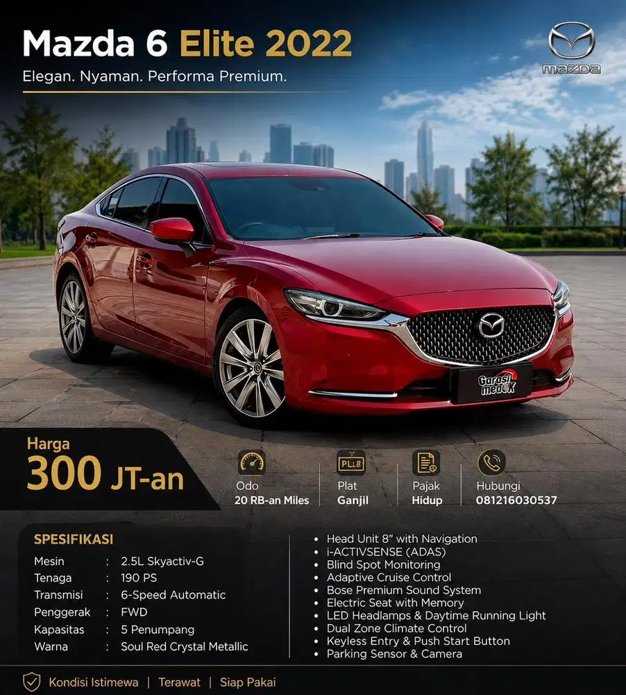 Mazda 6 Elite Sedan 2022 Antik Low KM Murah Bekas Merah Ganjil Garansi