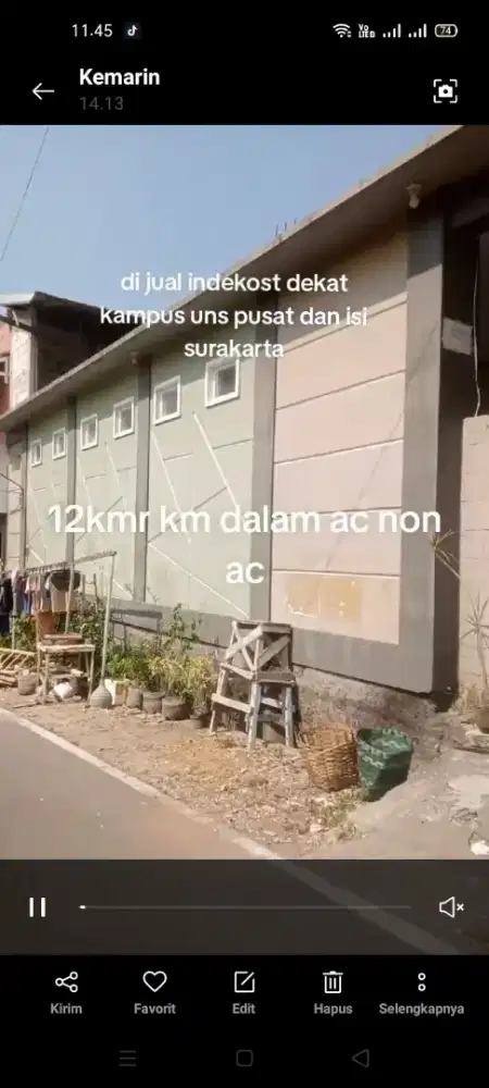 Di jual indekost luas tanah 215 km dalam 12 km ac non ac, dekat kampus