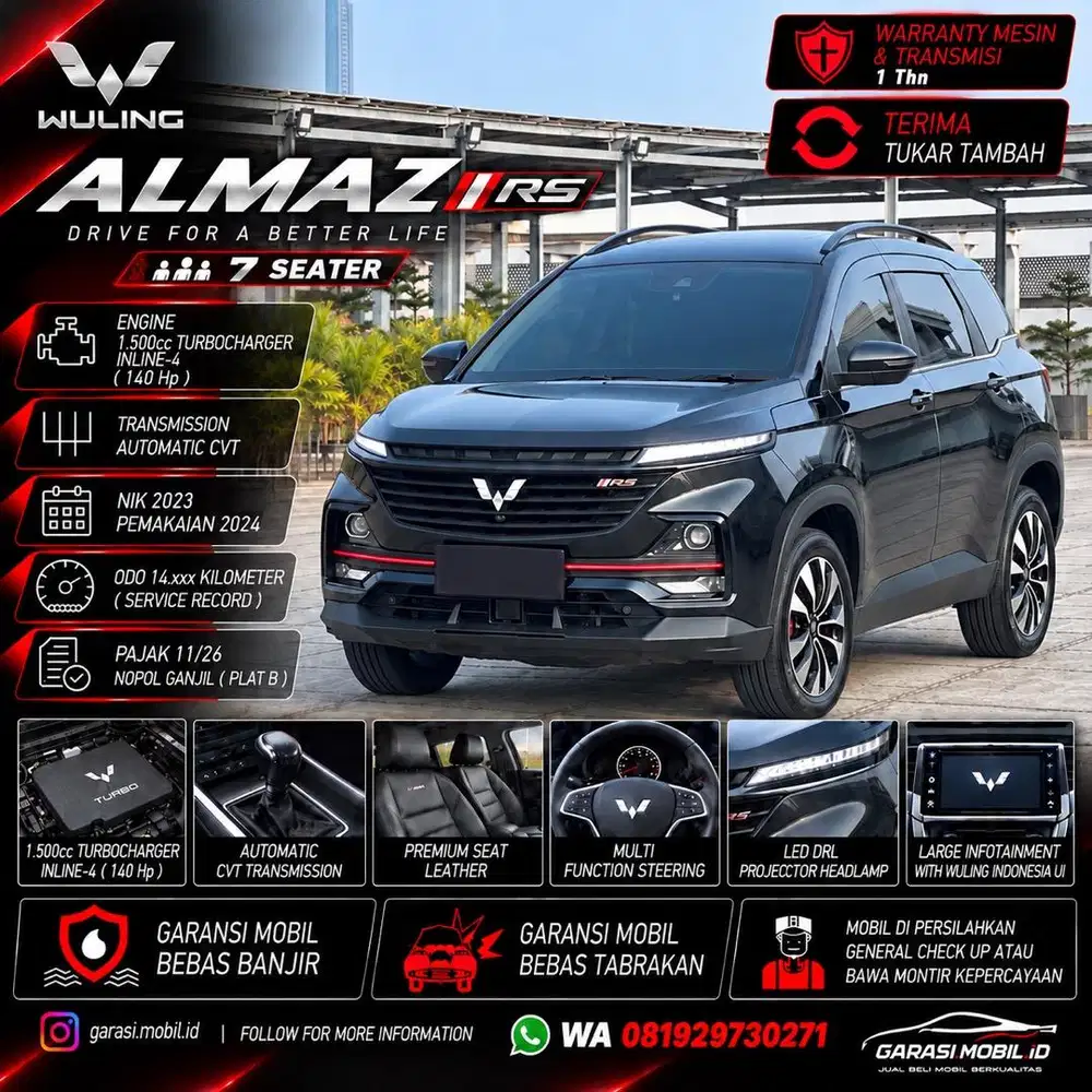 Wuling Almaz RS 1.5 AT 7Seater 2023 / 2024 / Odo 14rbu Kilometer