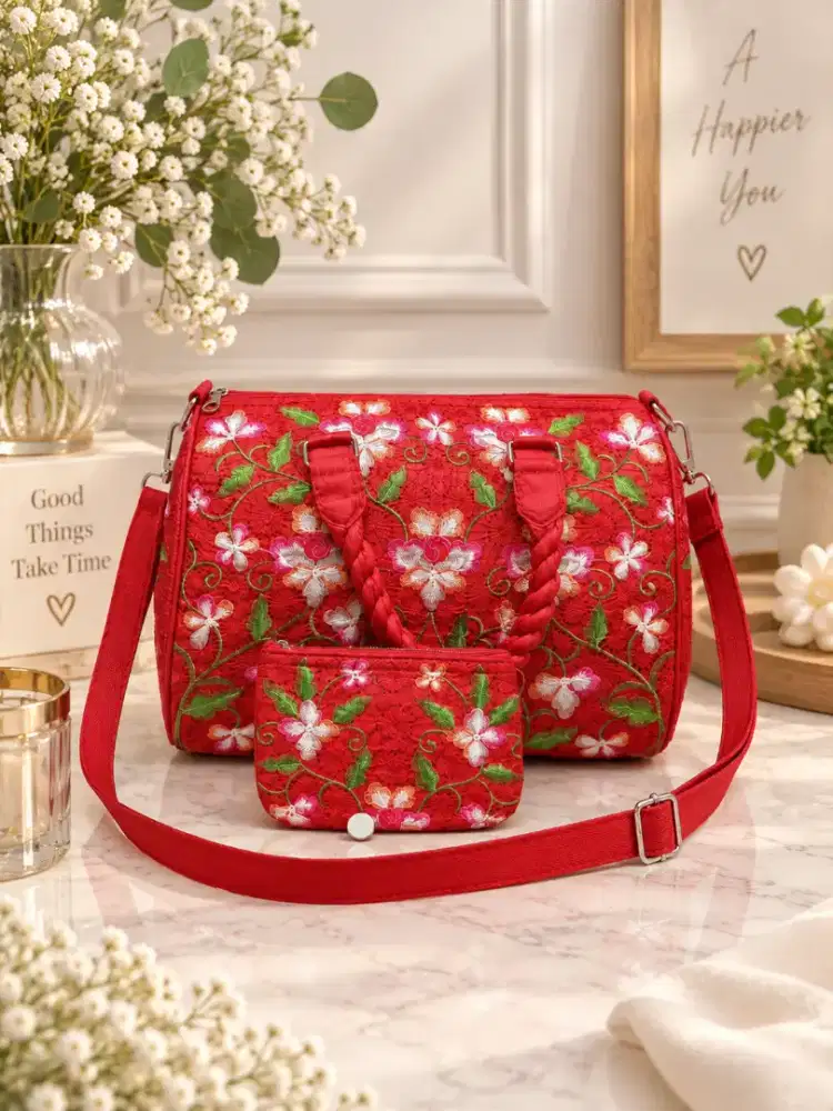 Travel Bag Bordir Motif Bunga Warna Merah