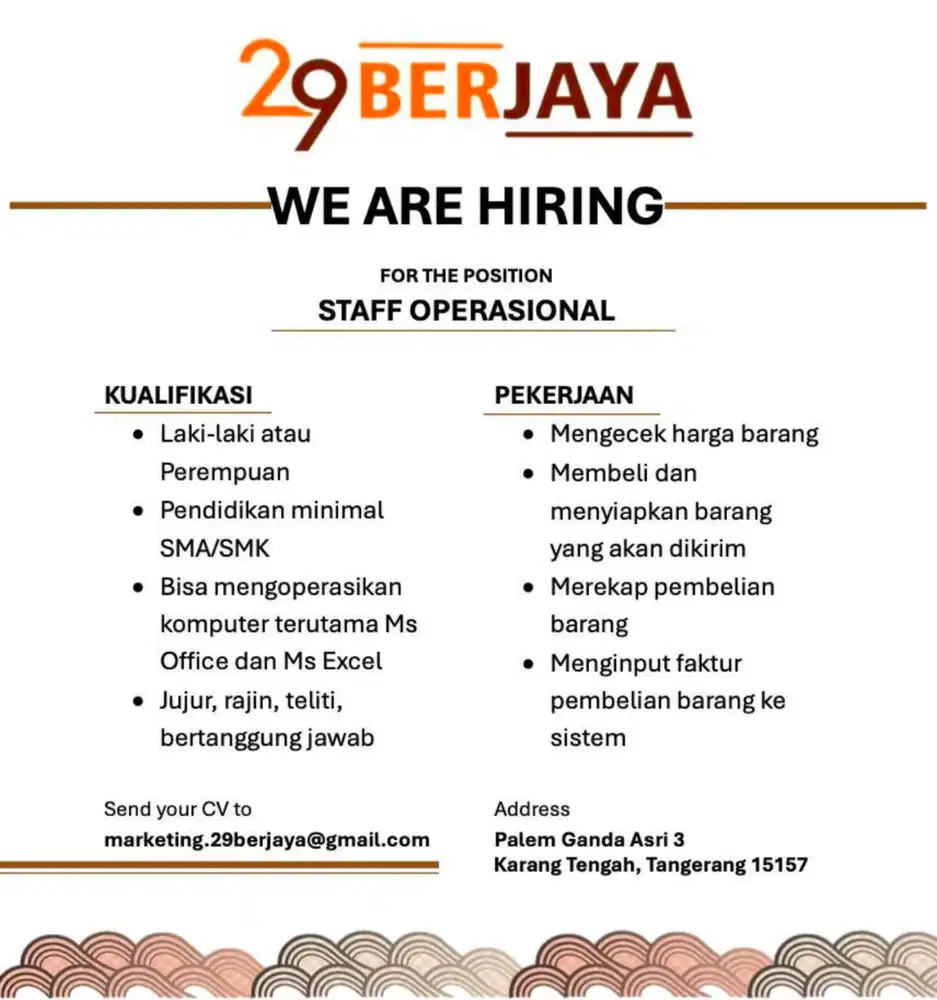 Lowongan Pekerjaan Staff Operasional