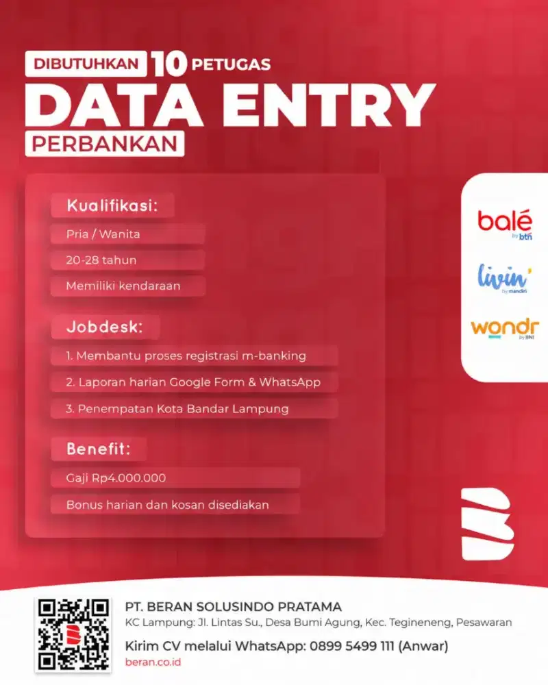 Dibutuhkan Segera 10 Data Entry Project Perbankan.