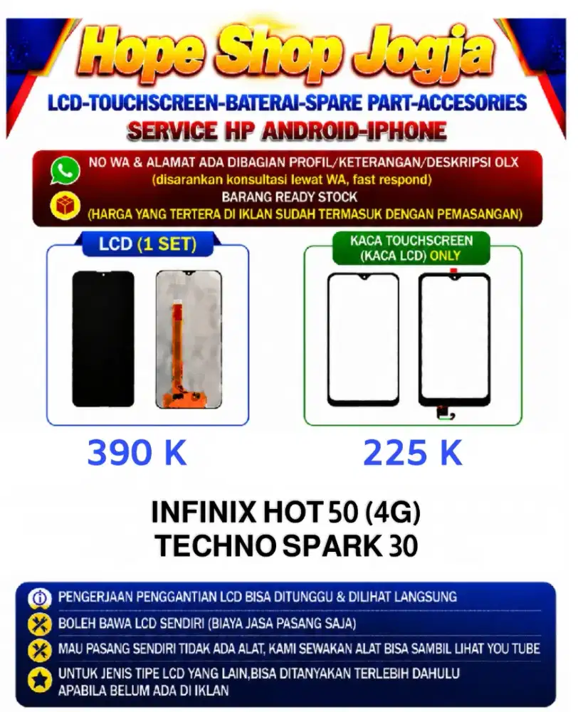 Touchscreen-Baterai-Lcd INFINIX HOT 50 (4G)
TECHNO SPARK 30