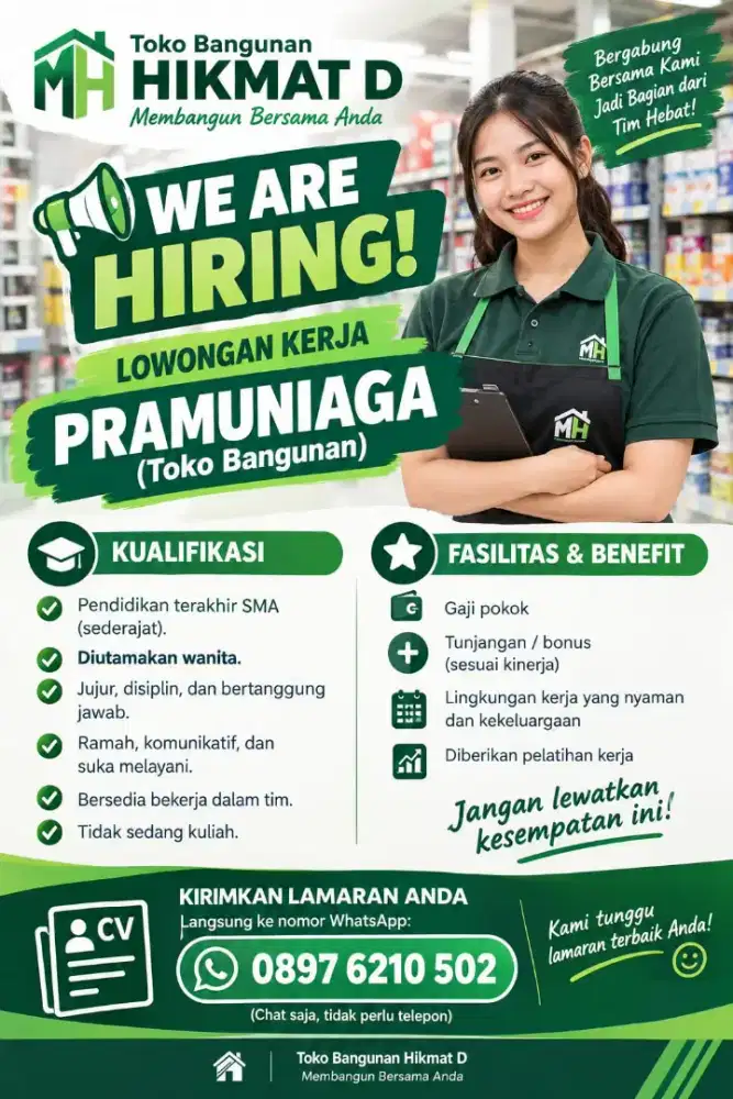 DICARI PEKERJA SERIUS BAGIAN PRAMUNIAGA TOKO BANGUNAN