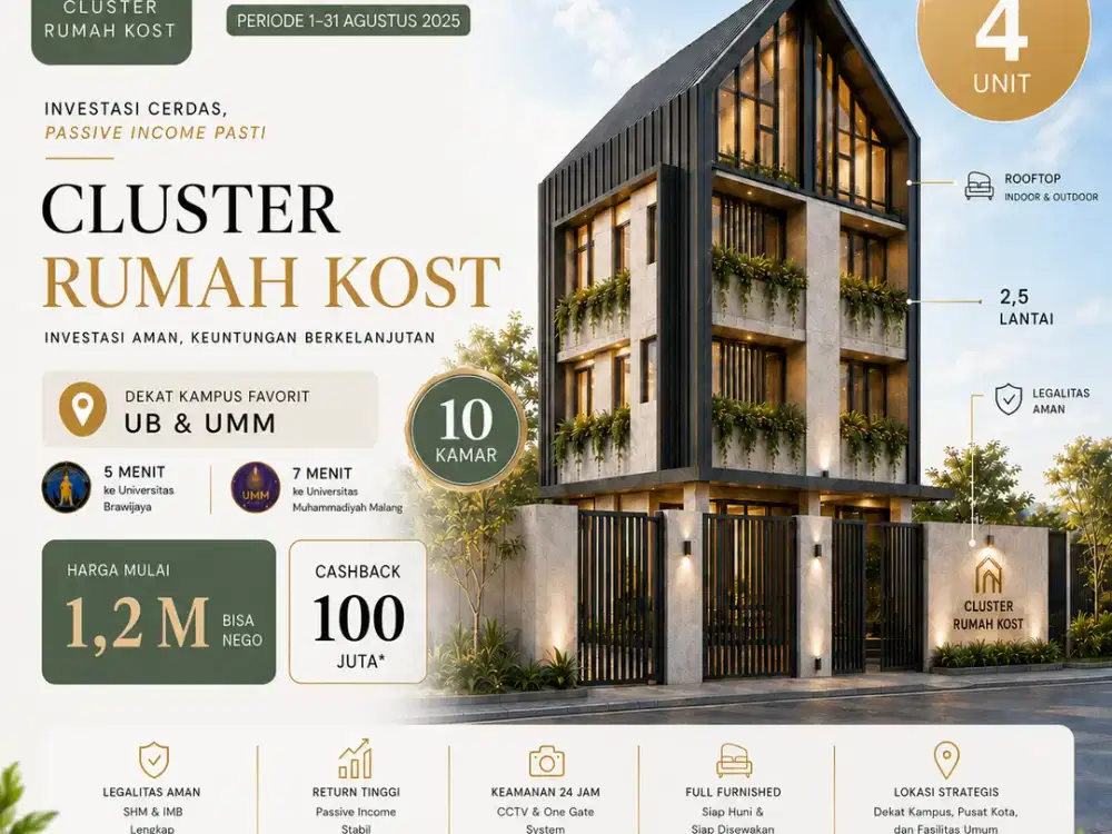 Kost Strategis 10–17 Kamar, Dapat Cashback Rp100–120 Juta