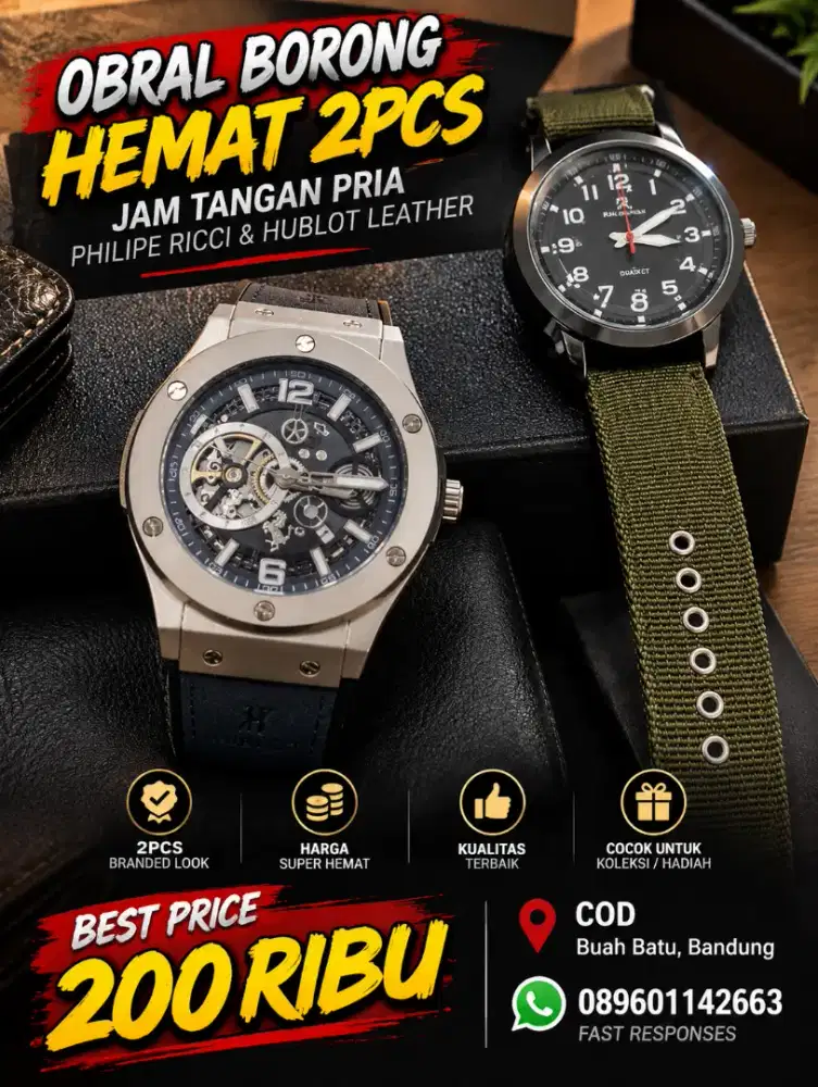 Sale Hemat 2pcs Jam Tangan Pria Hublot&Philipe Ricci Ori Berkualitas