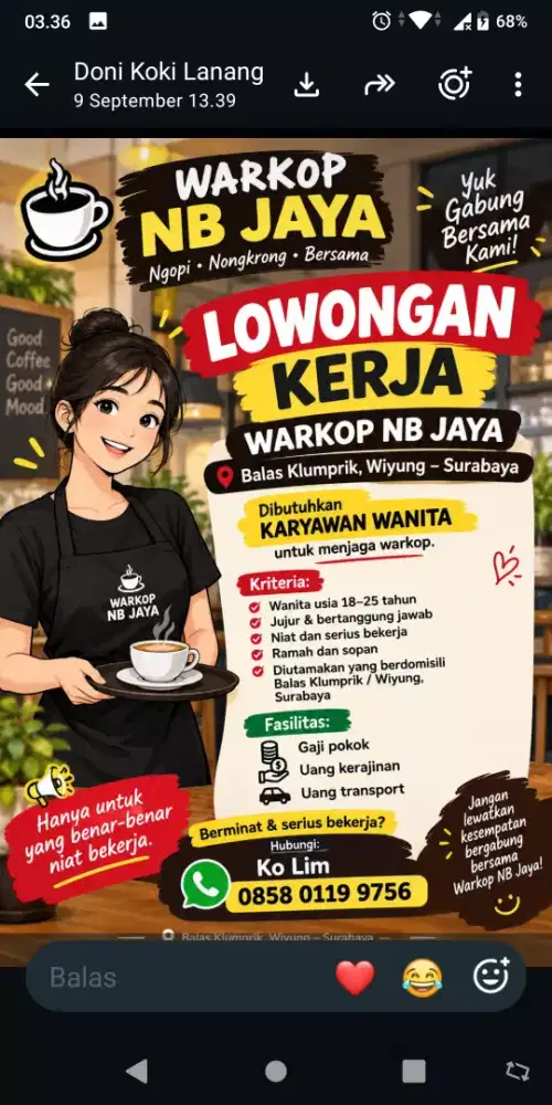 Dibutuhkan segera karyawati jaga warkop