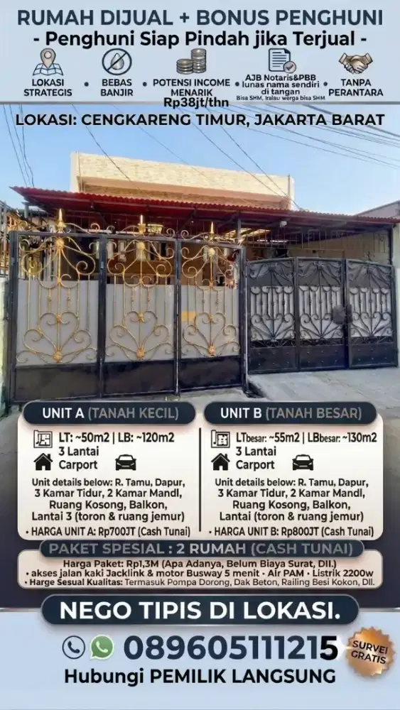 Dijual 2 Rumah Cengkareng,Jakarta Bar.3lt Crprt.No banjir.AJB ntrs.