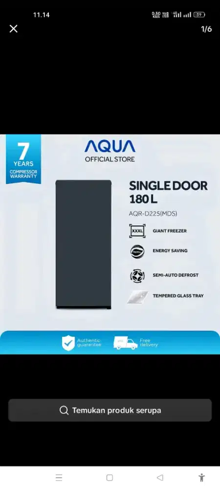 Kulkas AQUA SINGLE DOOR 180 L