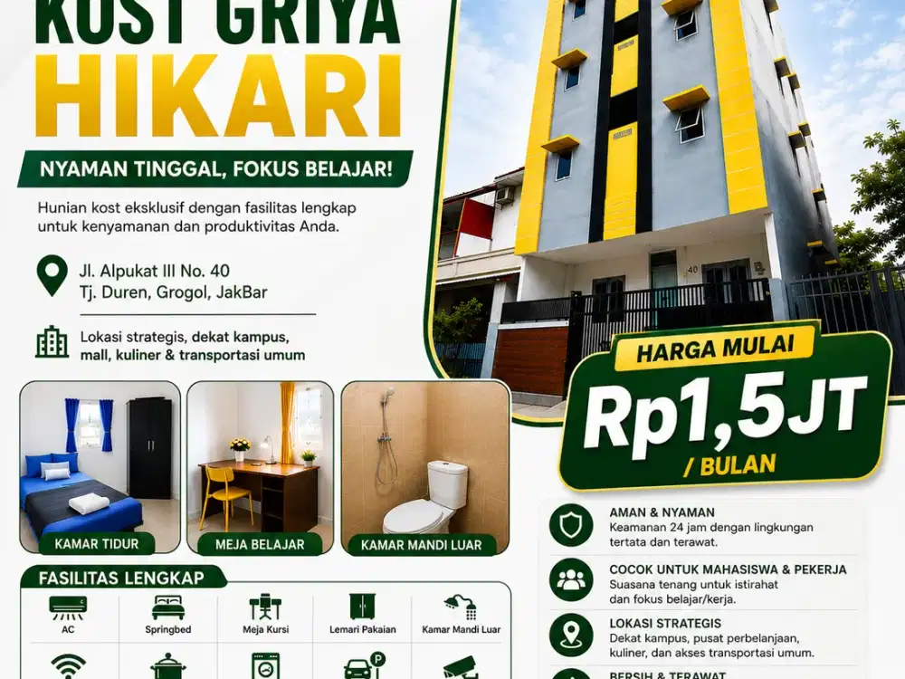 Dsewakan Kost Cuma 1,5 Jt/bulan di Griya Hikari Tj. Duren Jakarta Barat Lokasi Strategis Nyaman & Aman Cocok Untuk Karyawan & Mahasiswa Book Now!!