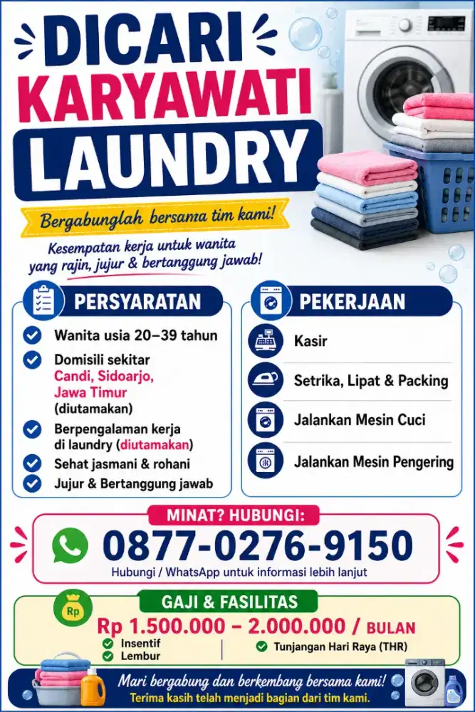 Dicari Karyawati Laundry Candi, Sidoarjo