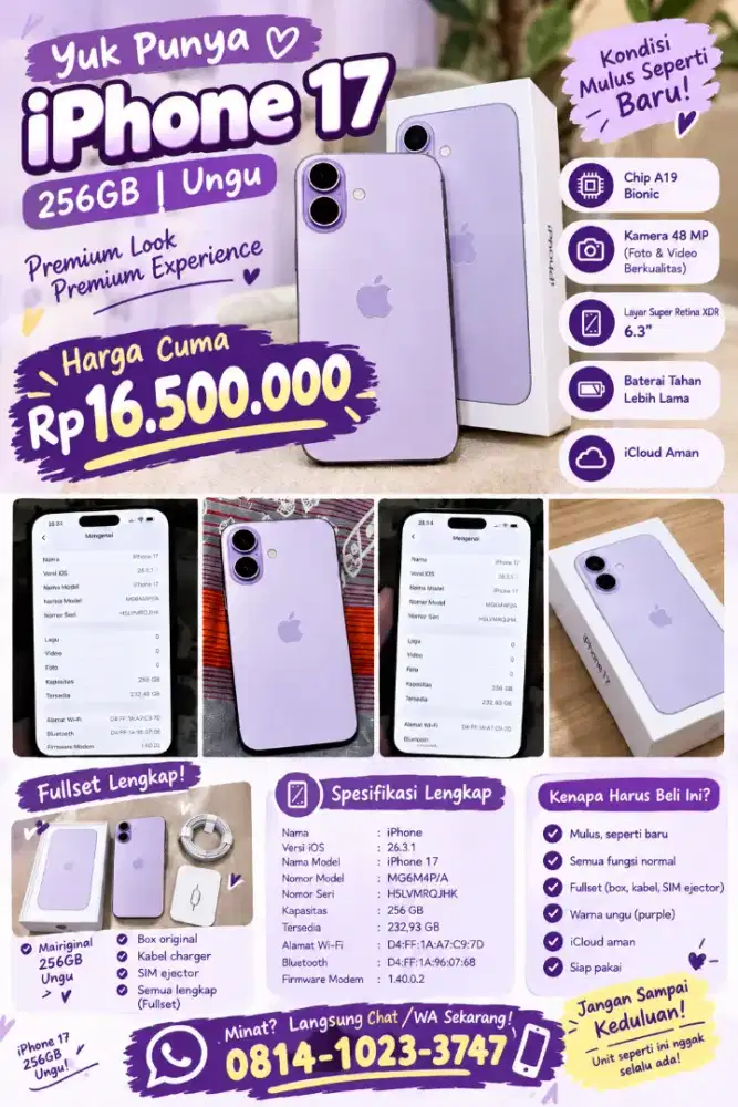 iphone 17 256gb UNGU-MULUS, FULLSET, harga cuma 16.500.000