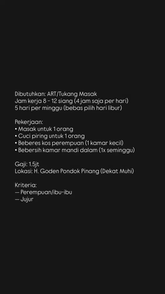 Tukang masak / ART untuk 1 orang saja