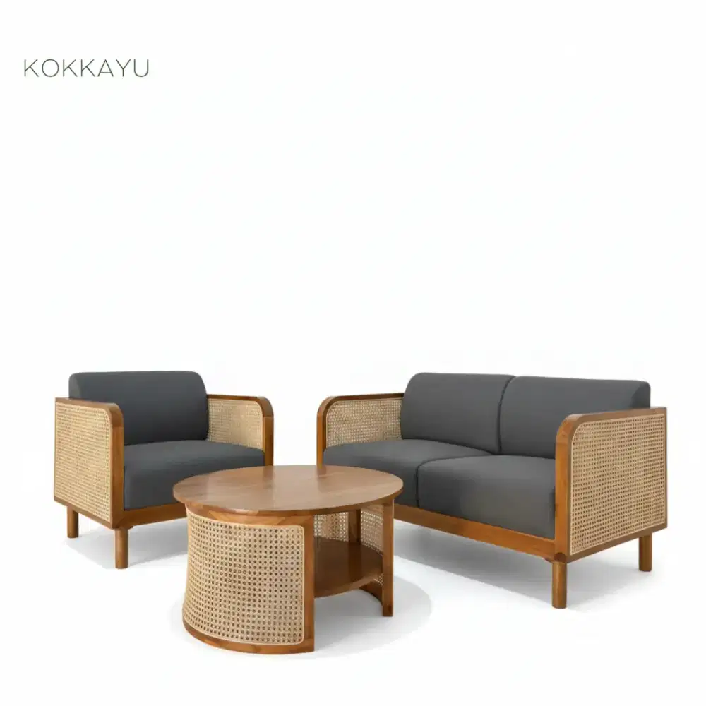 Set Kursi Ruang Tamu Japandi Rotan Meja Minimalis Retro Kayu Jati
