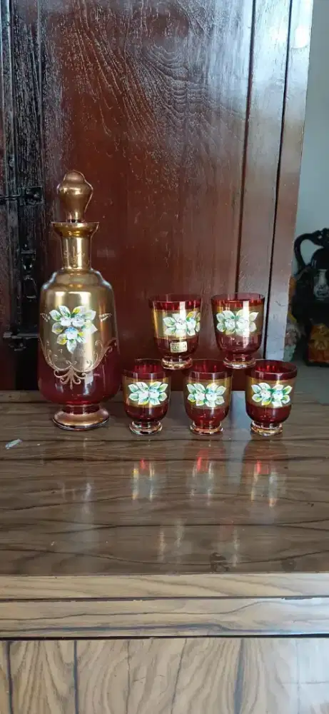 Antique Czech Bohemian Cranberry Enamel Red Gold Crystal Glass Bottle