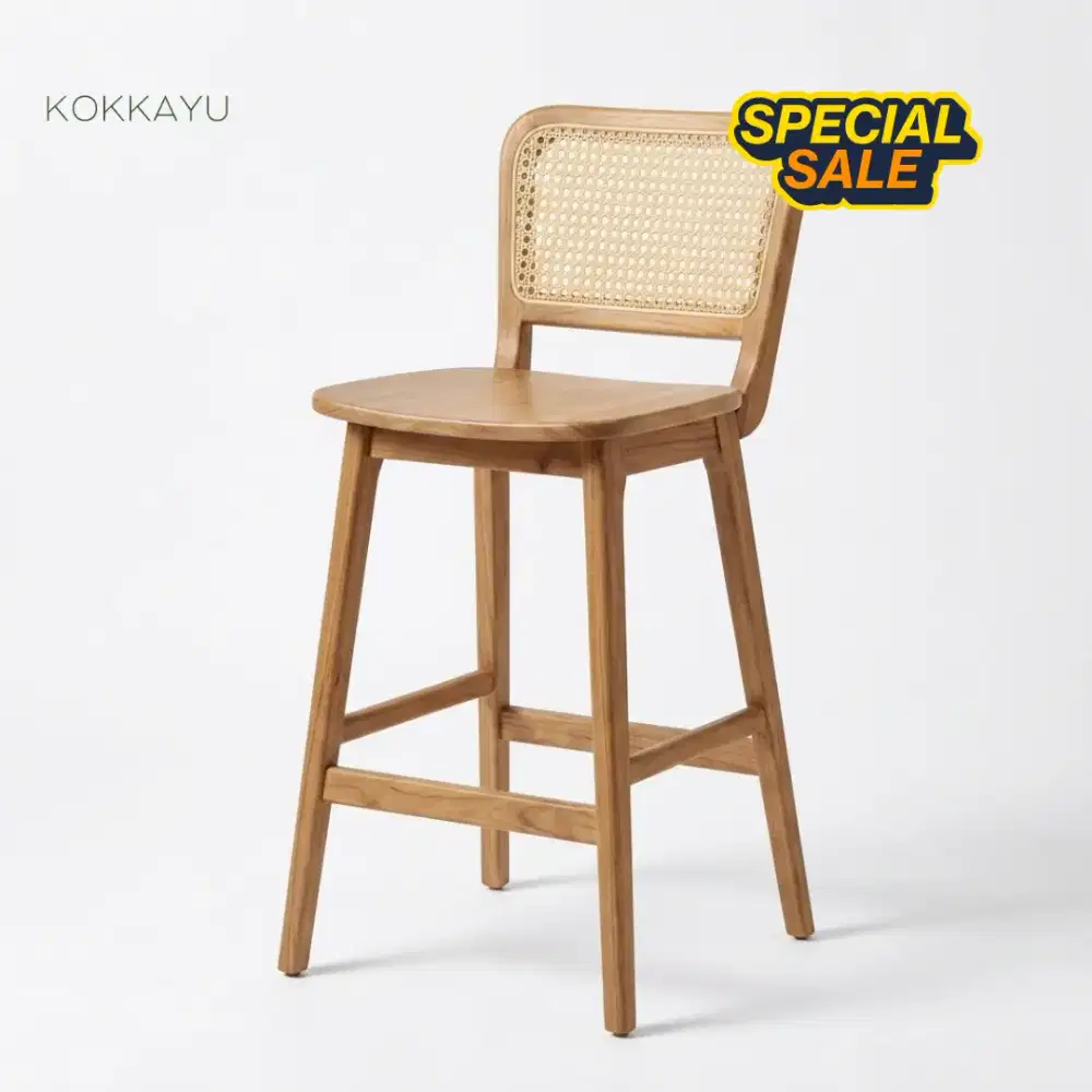 Kursi Bar Cafe Makan Restoran Kayu Jati Anyaman Rotan [Non Finishing]