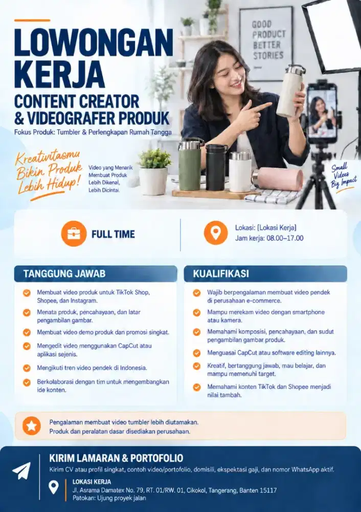 Lowongan Kerja Content Creator & Videografer Produk Tumbler Full Time