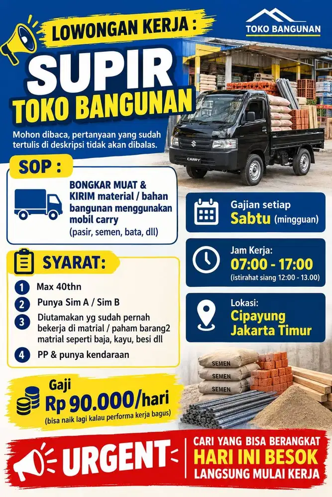 Lowongan Kerja Supir Toko Bangunan / Material