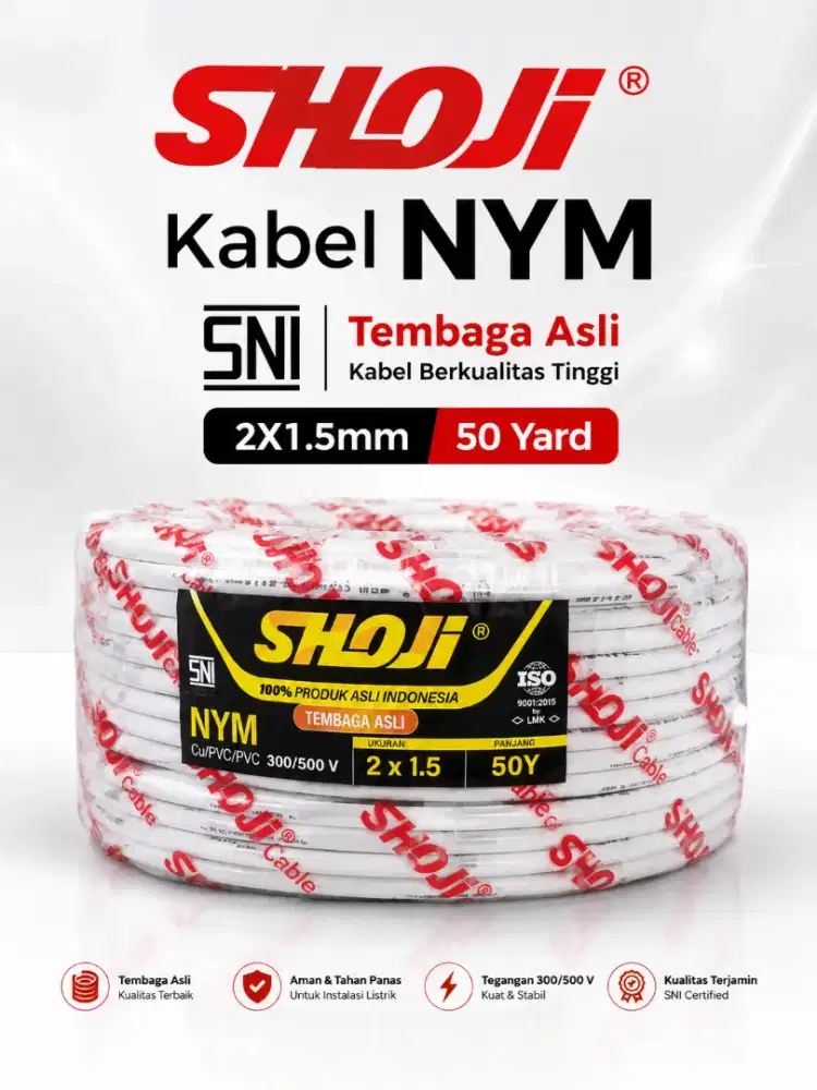 Kabel Listrik NYM Tembaga murni Merk SHOJI SNI 2X1.5 50Y